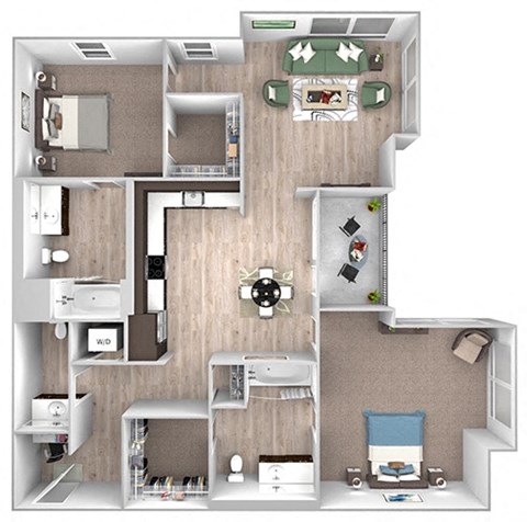 Floor plan for 2 beds, 2.5 baths, 1129 sqft